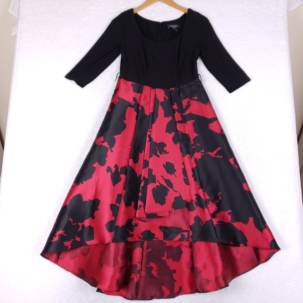 R&M Richards Dress Womens 4P Petite High Low Formal Black Red Floral Cocktail
